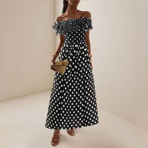 Women Sexy Off The Shoulder Bandeau Polka Dot Print Swimwear One Piece Swimsuit Female Bathing Suit Ruffle Monokini SwimWear